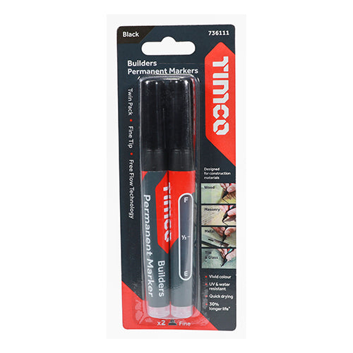 TIMCO Builders Permanent Markers Twin Pack Fine Tip Black - Fine Tip - Image