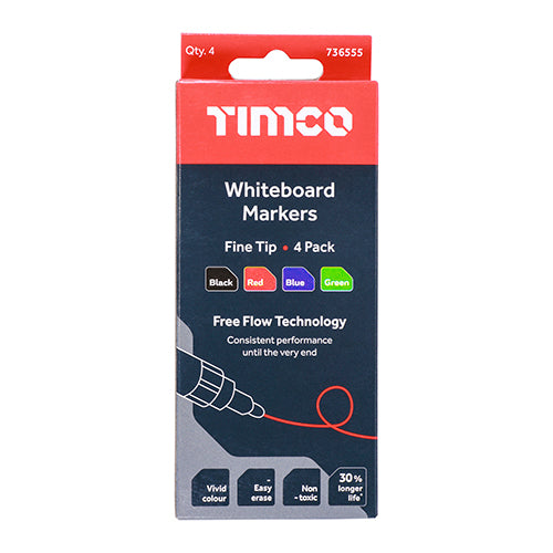 TIMCO Whiteboard Markers Fine Tip Mixed Colours - Fine Tip Four Pack - Image