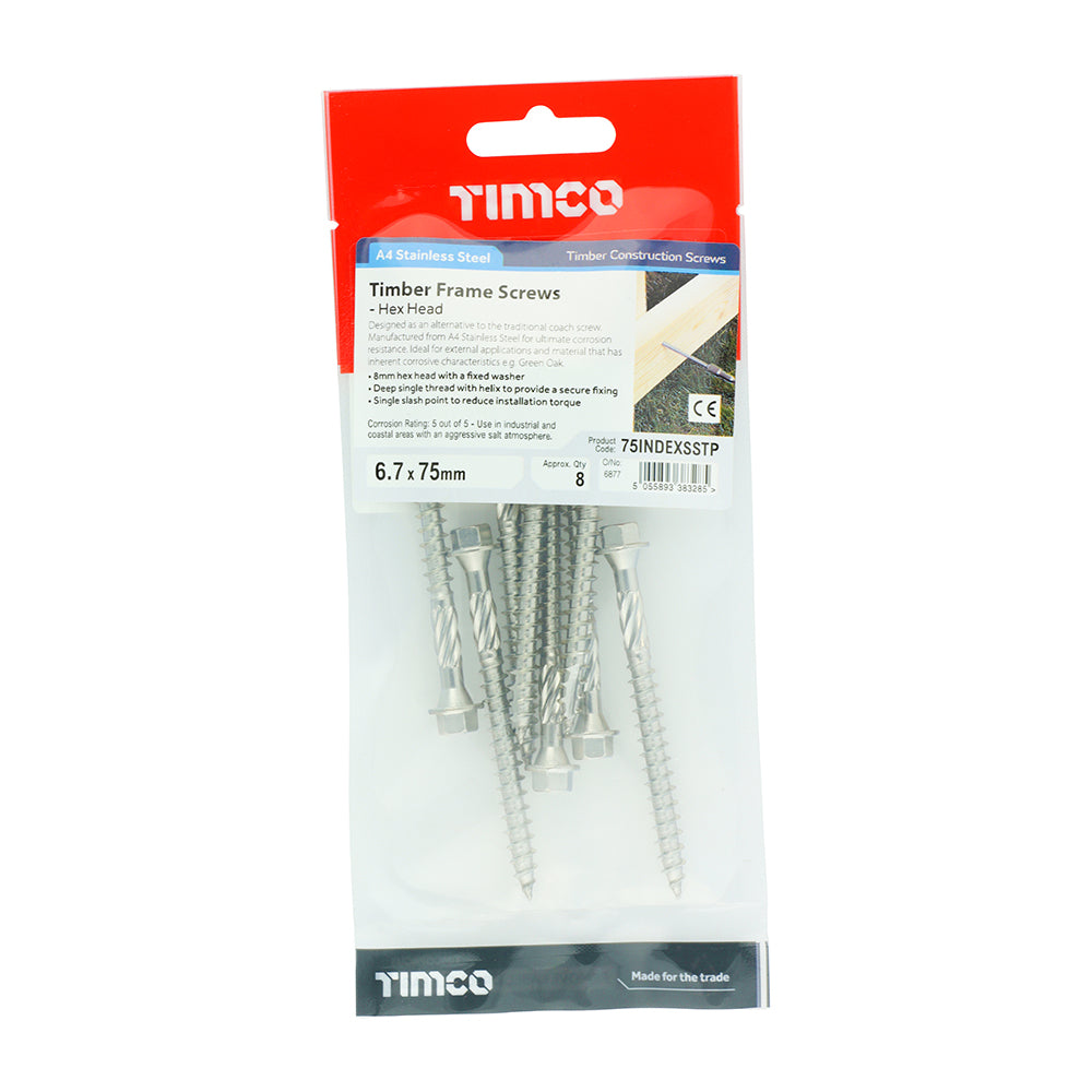 TIMCO Timber Screws Hex Flange Head A4 Stainless Steel - 6.7 x 75 - Image