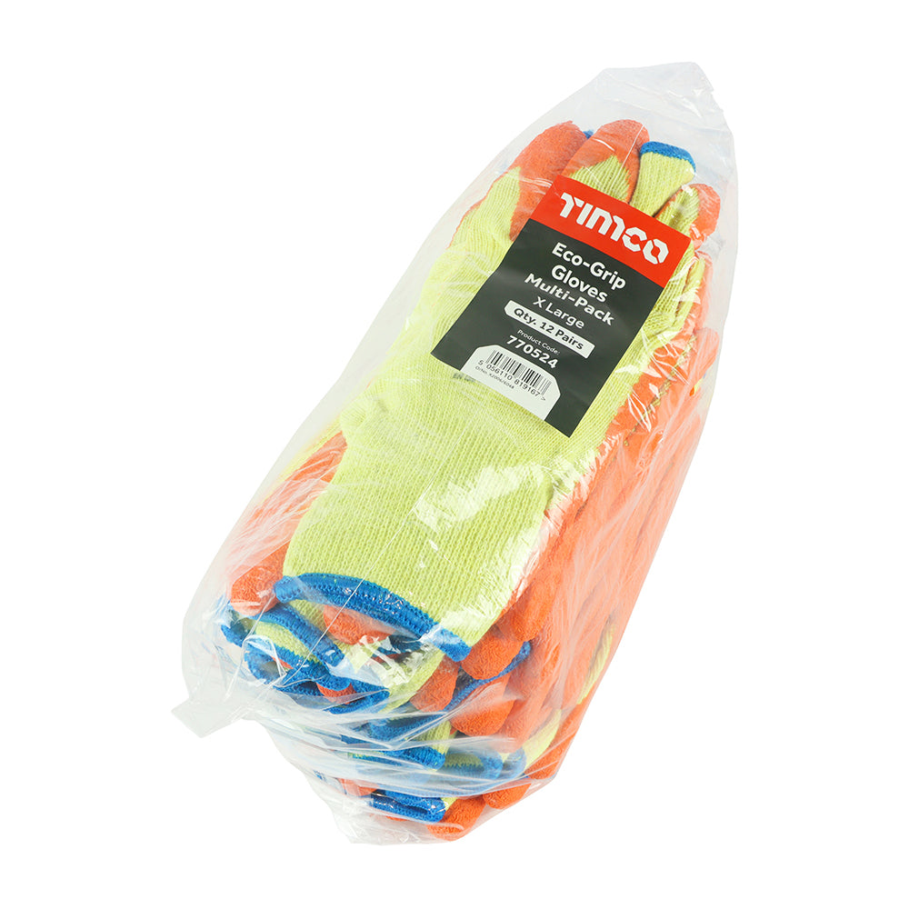TIMCO Eco Grip Crinkle Latex Coated Polycotton Gloves Multi Pack - X Large - Image