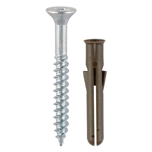 TIMCO Brown Premium Plastic Plugs With Twin-Threaded Countersunk Silver Woodscrews - 42mm