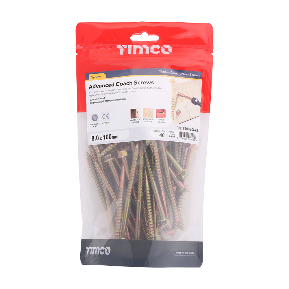 TIMCO Advanced Coach Screws - Hex Flange - Yellow - 8.0 x 100 - Image