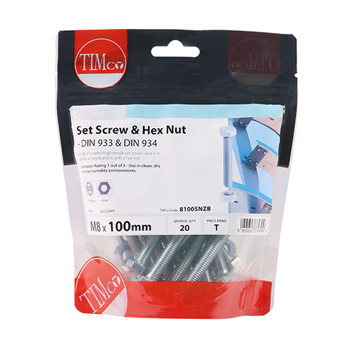 TIMCO Set Screws DIN933 Grade 8.8 & Hex Nut DIN934 Silver - M8 x 100 - Image