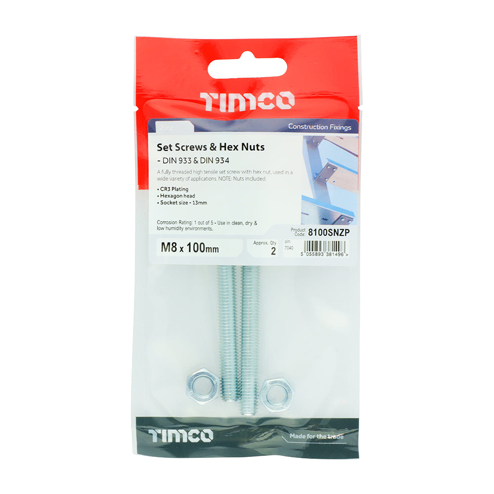 TIMCO Set Screws DIN933 Grade 8.8 & Hex Nut DIN934 Silver - M8 x 100 - Image