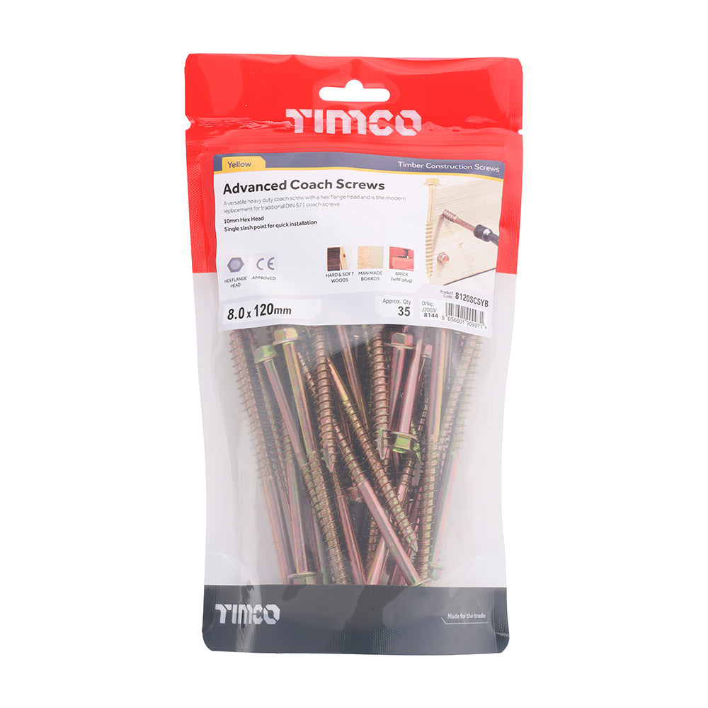 TIMCO Advanced Coach Screws - Hex Flange - Yellow - 8.0 x 120 - Image