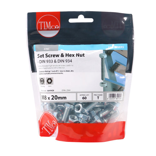 TIMCO Set Screws DIN933 Grade 8.8 & Hex Nut DIN934 Silver - M8 x 20 - Image