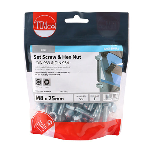 TIMCO Set Screws DIN933 Grade 8.8 & Hex Nut DIN934 Silver - M8 x 25 - Image