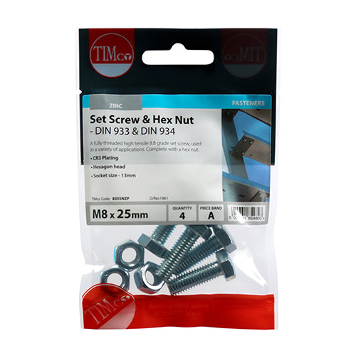TIMCO Set Screws DIN933 Grade 8.8 & Hex Nut DIN934 Silver - M8 x 25 - Image