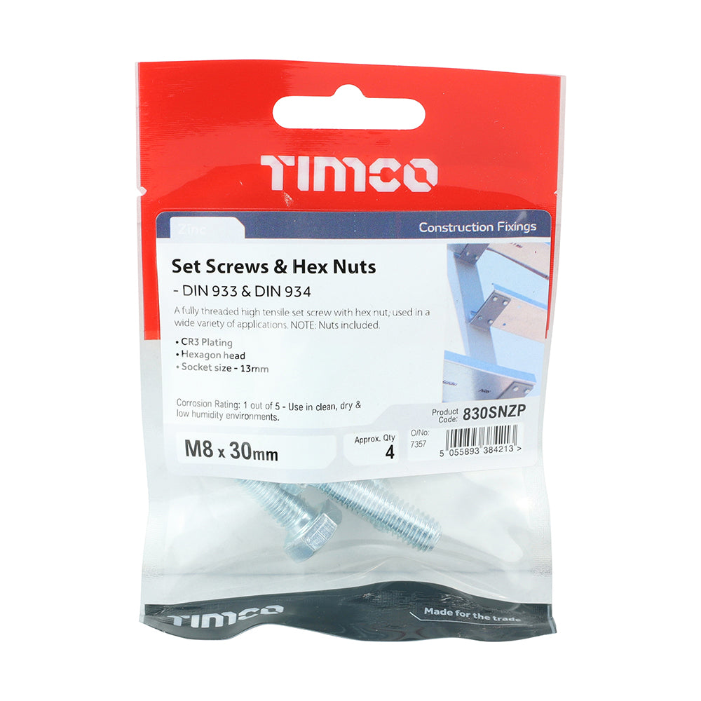 TIMCO Set Screws DIN933 Grade 8.8 & Hex Nut DIN934 Silver - M8 x 30 - Image