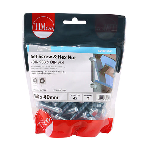 TIMCO Set Screws DIN933 Grade 8.8 & Hex Nut DIN934 Silver - M8 x 40 - Image