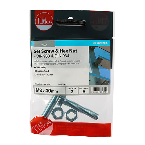 TIMCO Set Screws DIN933 Grade 8.8 & Hex Nut DIN934 Silver - M8 x 40 - Image