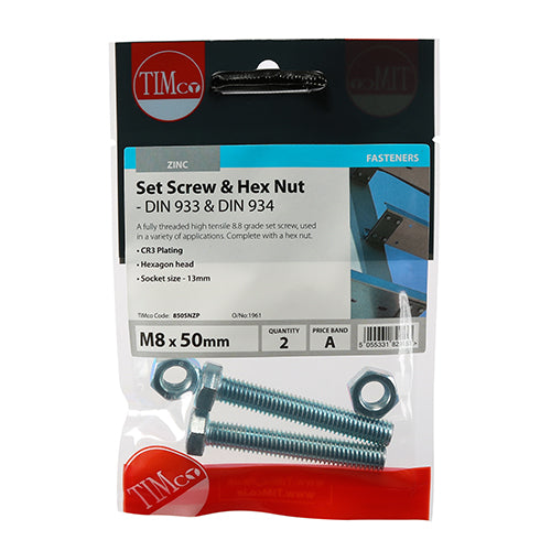 TIMCO Set Screws DIN933 Grade 8.8 & Hex Nut DIN934 Silver - M8 x 50 - Image