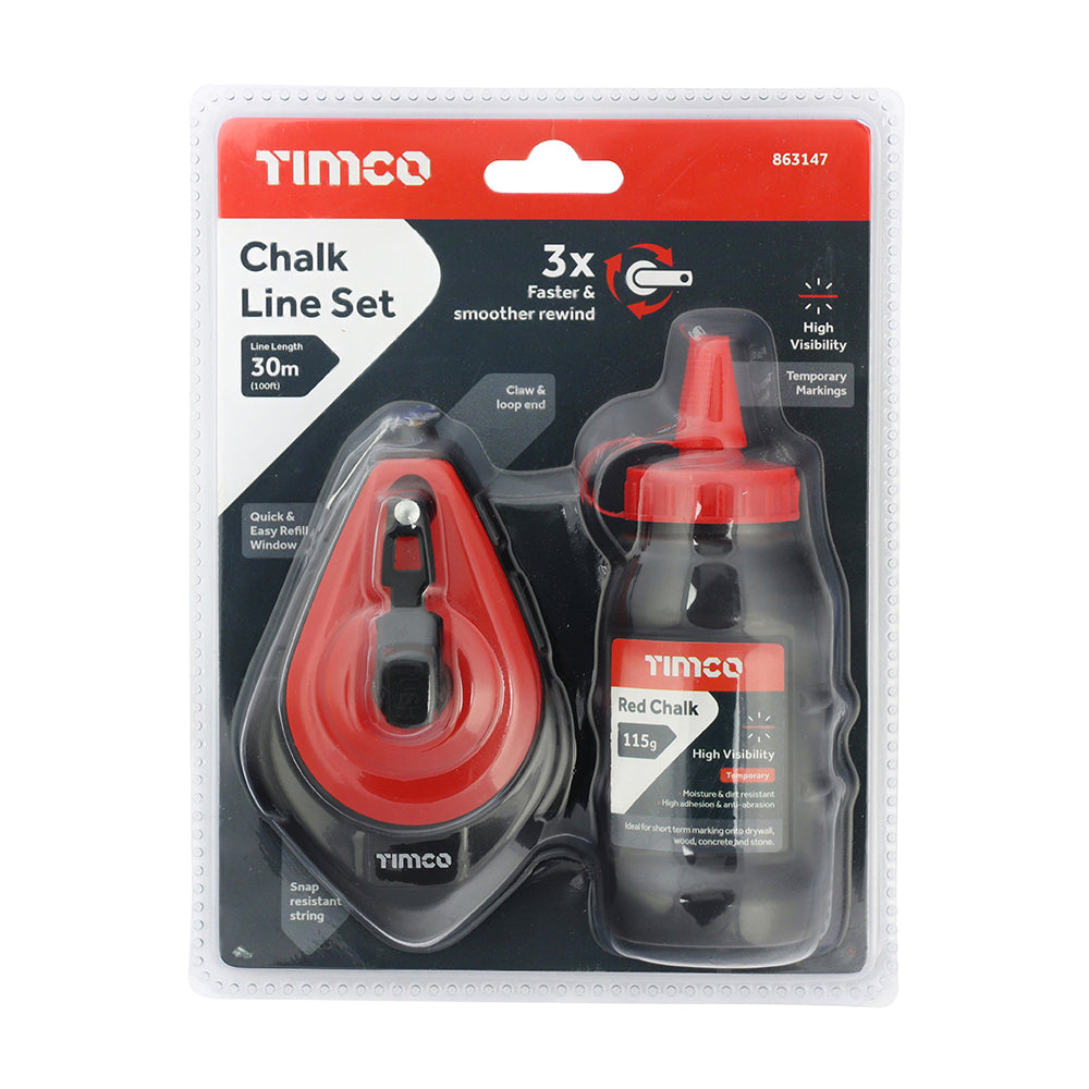TIMCO Chalk Line Set, Builders String Line, Surveyors Marker, Red Powder - 30m / 100ft x 115g - Image