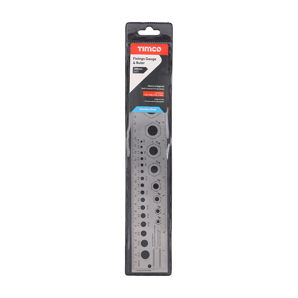 TIMCO Ruler & Fixings Gauge, Multi-purpose Metric & Imperial Fixing and Fastener Measurement Tool - 300mm / 12" - Image