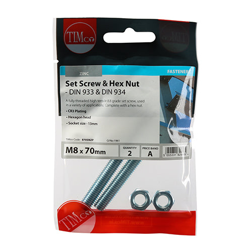 TIMCO Set Screws DIN933 Grade 8.8 & Hex Nut DIN934 Silver - M8 x 70 - Image