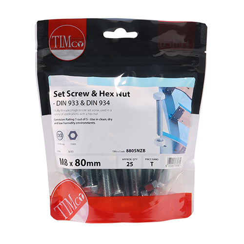 TIMCO Set Screws DIN933 Grade 8.8 & Hex Nut DIN934 Silver - M8 x 80 - Image