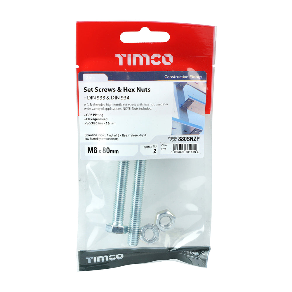 TIMCO Set Screws DIN933 Grade 8.8 & Hex Nut DIN934 Silver - M8 x 80 - Image