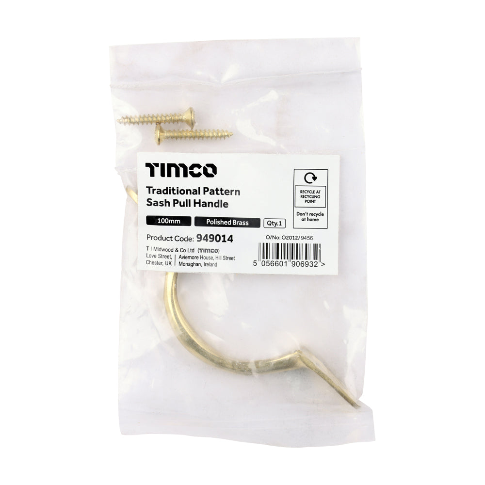 TIMCO Traditional Pattern Sash Pull Handle - Polished Brass - 100mm - Image