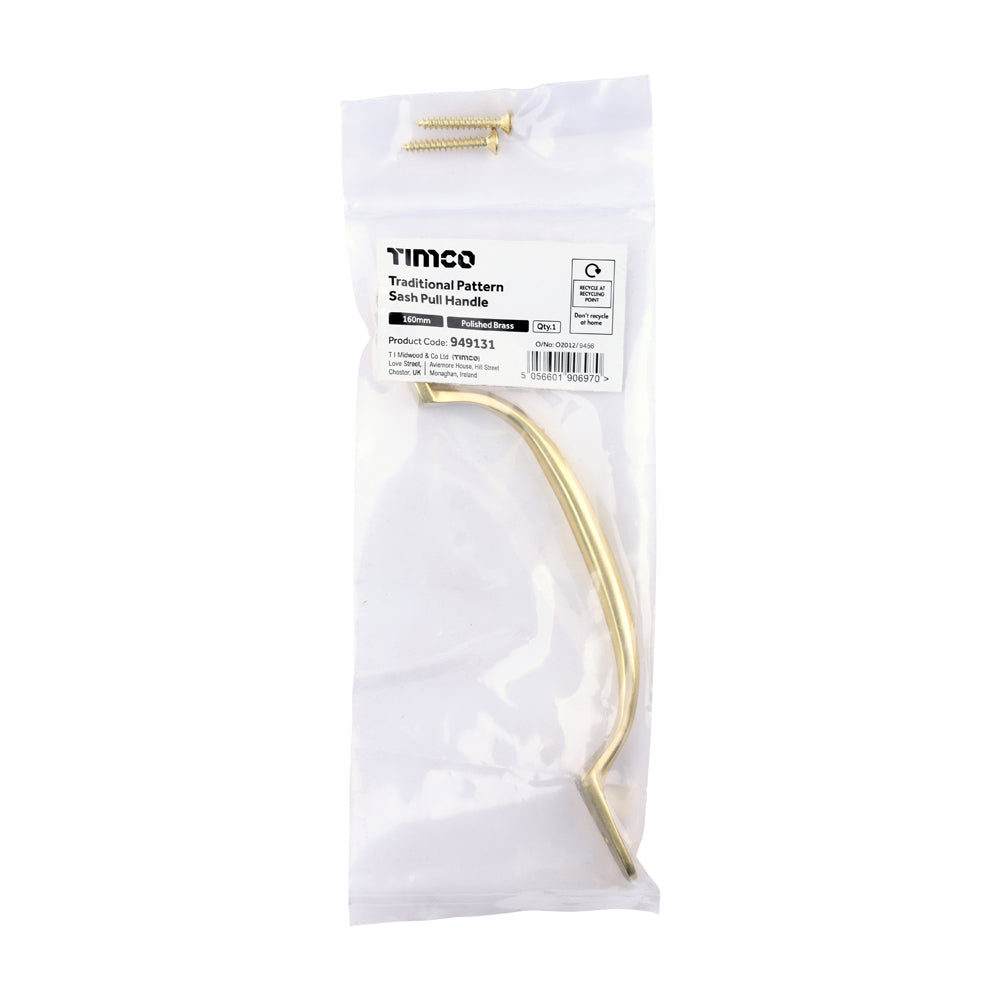 TIMCO Traditional Pattern Sash Pull Handle - Polished Brass - 160mm - Image