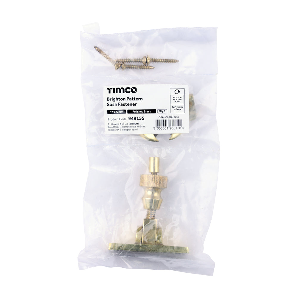 TIMCO Brighton Pattern Sash Fastener - Polished Brass - 57 x 22mm - Image