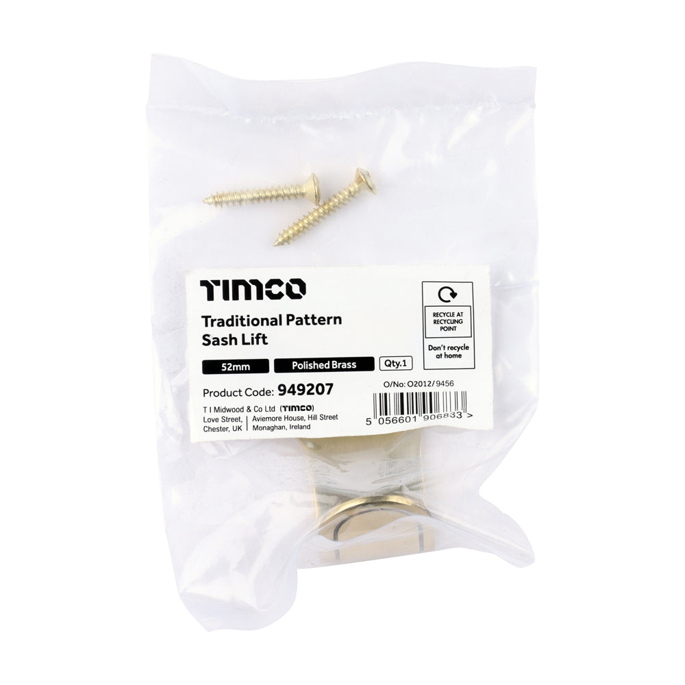TIMCO Traditional Pattern Sash Lift - Polished Brass - 52mm - Image