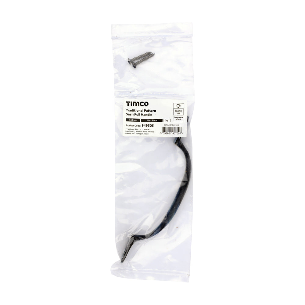 TIMCO Traditional Pattern Sash Pull Handle - Matt Black - 160mm - Image