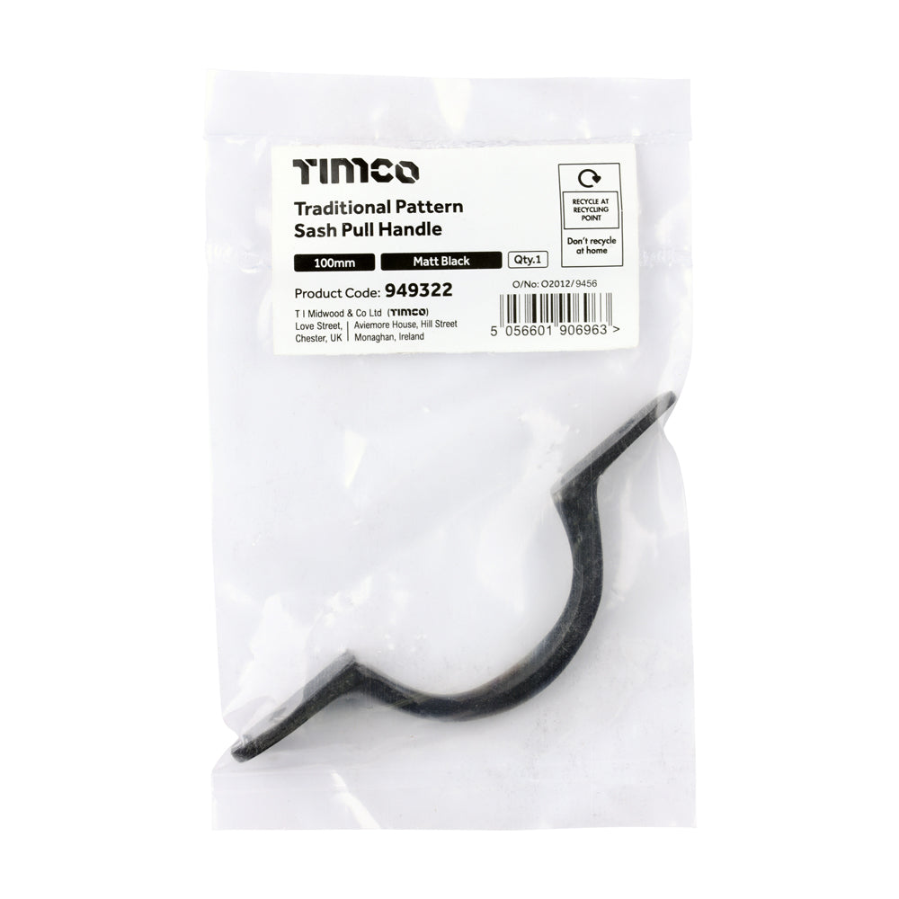 TIMCO Traditional Pattern Sash Pull Handle - Matt Black - 100mm - Image