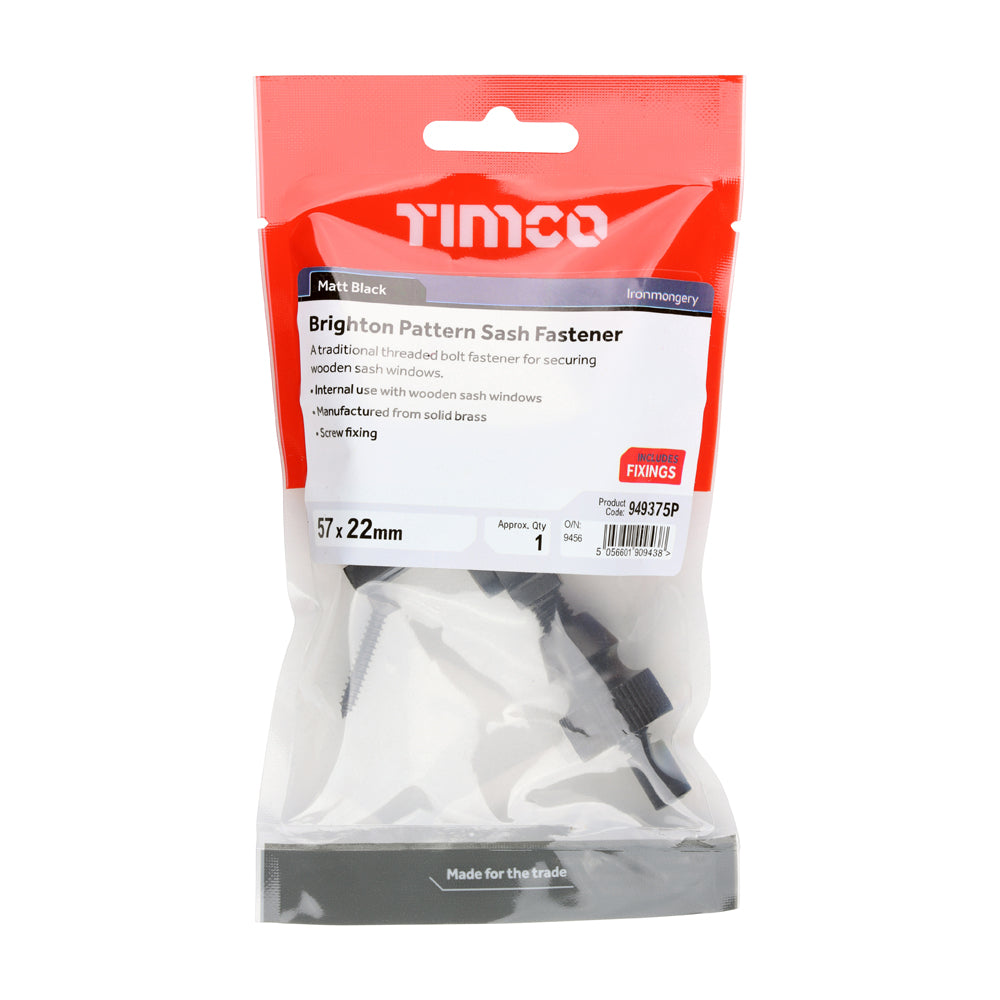 TIMCO Brighton Pattern Sash Fastener - Matt Black - 57 x 22mm - Image