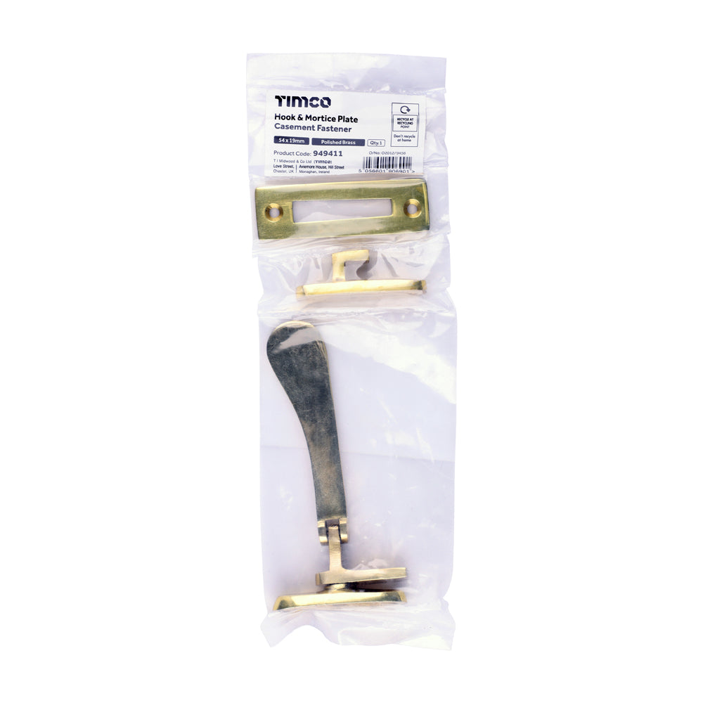 TIMCO Hook & Mortice Plate Casement Fastener - Polished Brass - 54 x 19mm - Image
