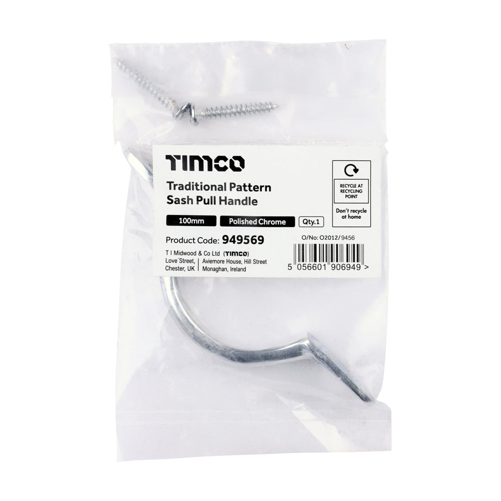 TIMCO Traditional Pattern Sash Pull Handle - Polished Chrome - 100mm - Image
