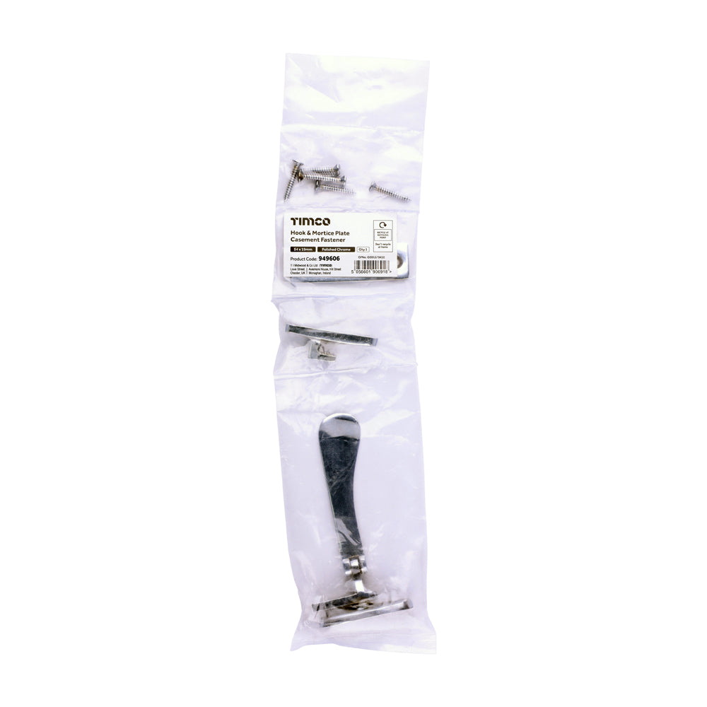 TIMCO Hook & Mortice Plate Casement Fastener - Polished Chrome - 54 x 19mm - Image