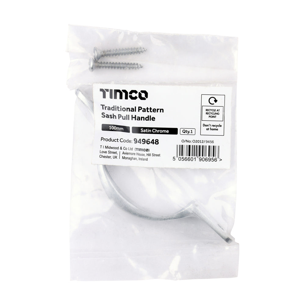 TIMCO Traditional Pattern Sash Pull Handle - Satin Chrome - 100mm - Image