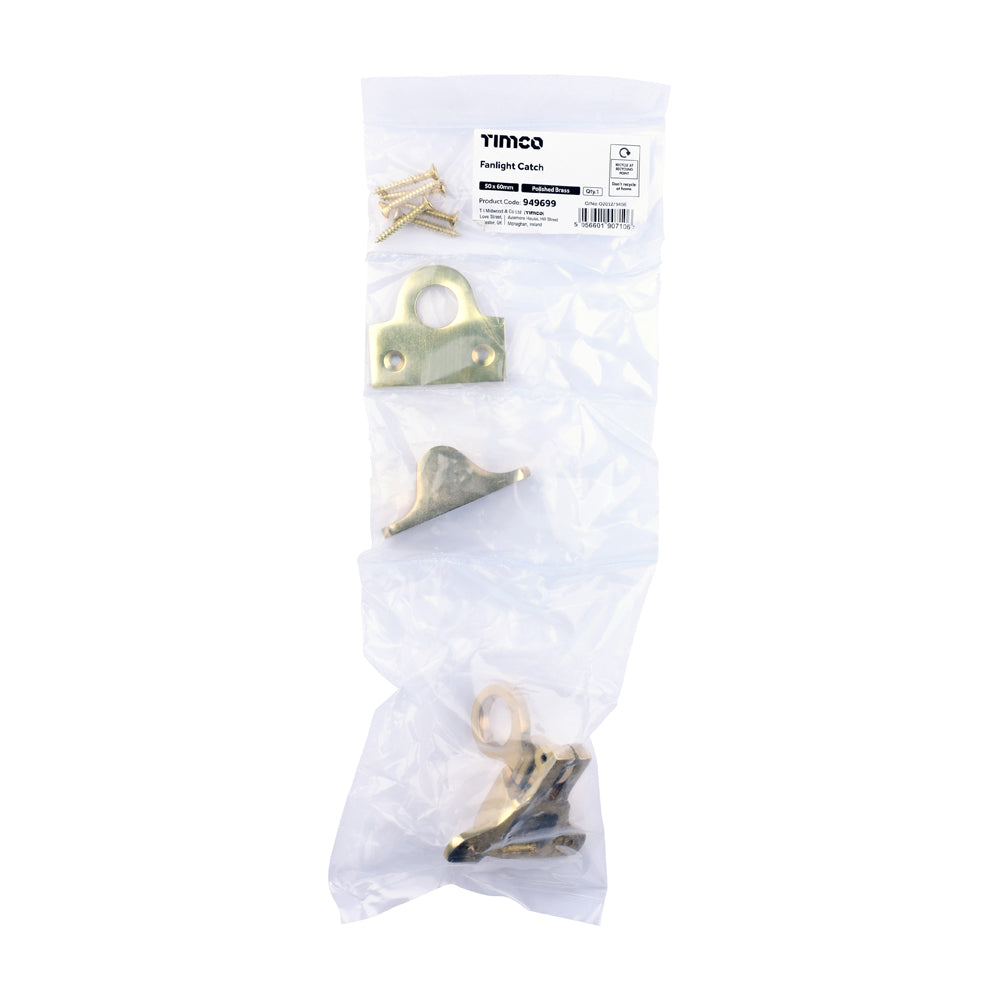 TIMCO Fanlight Catch - Polished Brass - 50 x 60mm - Image