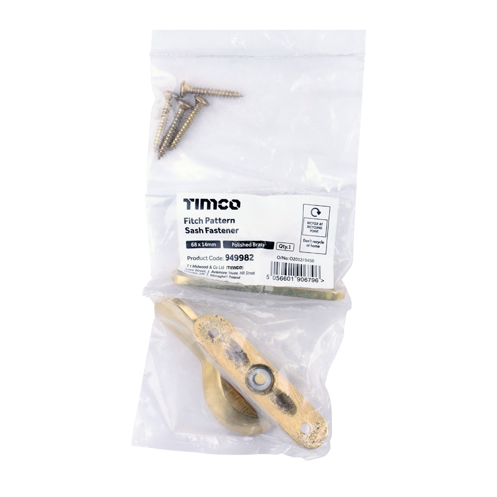 TIMCO Fitch Pattern Sash Fastener - Polished Brass - 68 x 14mm - Image