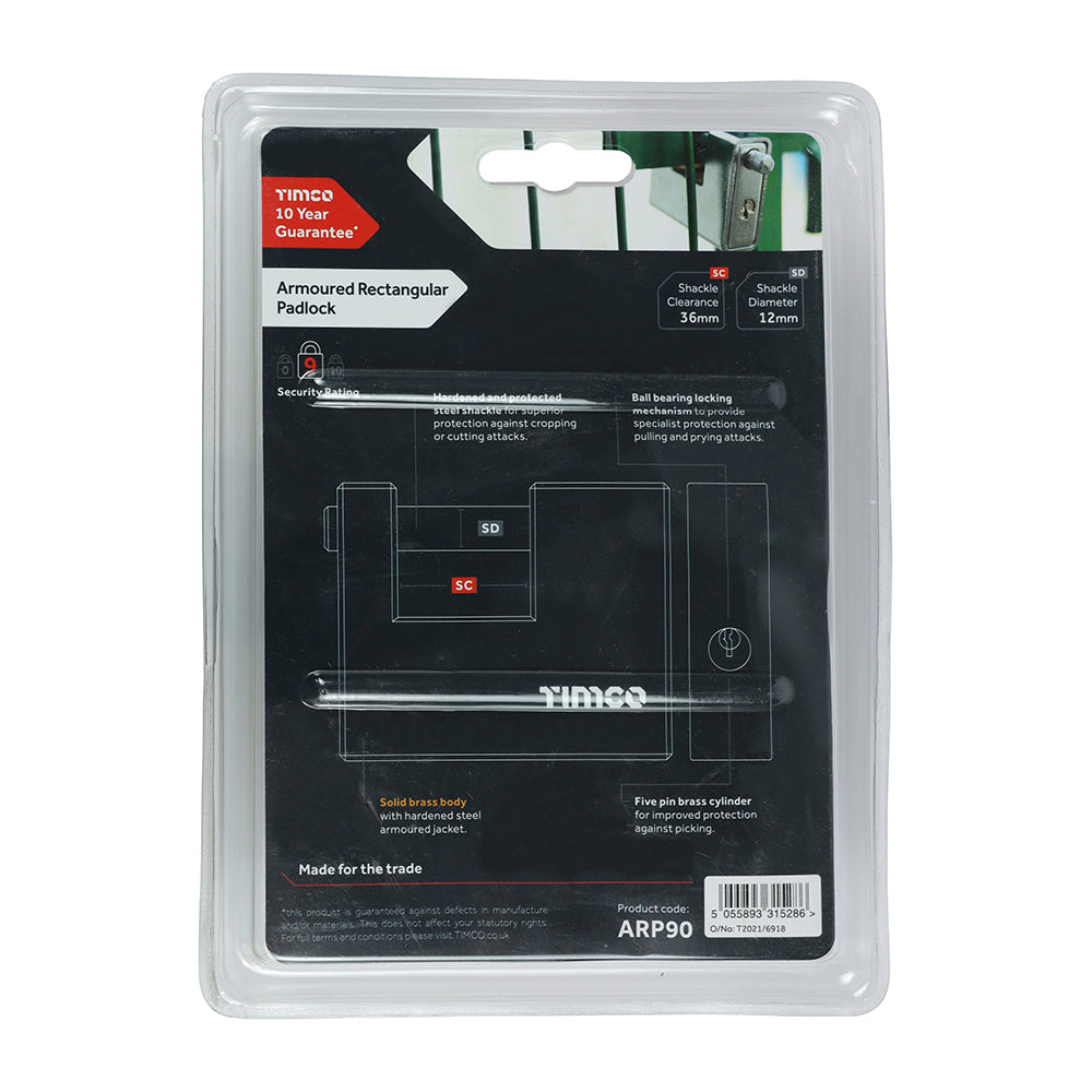 TIMCO Armoured Rectangular Padlock - 90mm - Image