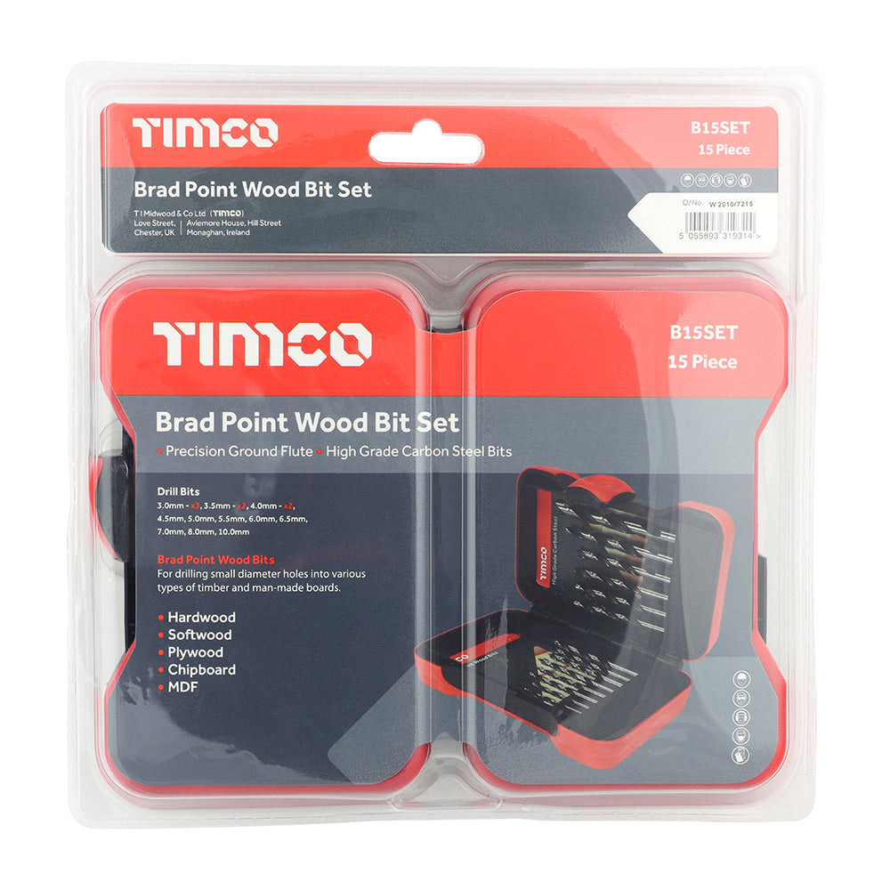 TIMCO Brad Point Wood Bit Set - 15pc - Image
