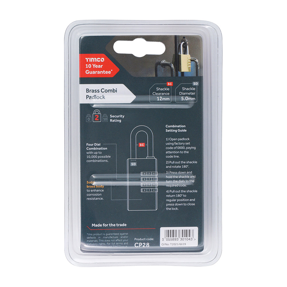 TIMCO Brass Combination Padlock - 28mm - Image
