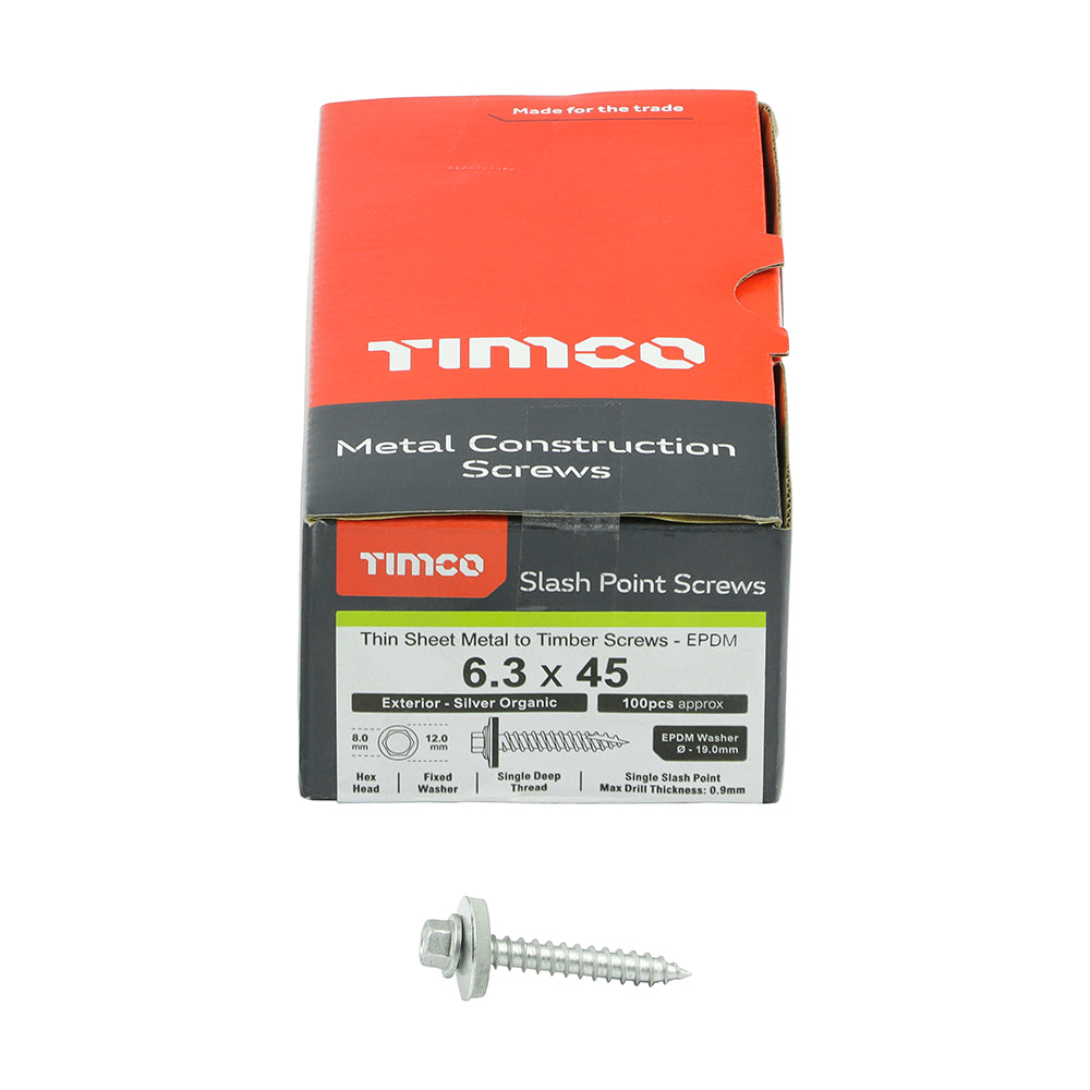TIMCO Slash Point Sheet Metal to Timber Screws Exterior Silver with EPDM Washer - 6.3 x 45 - Image