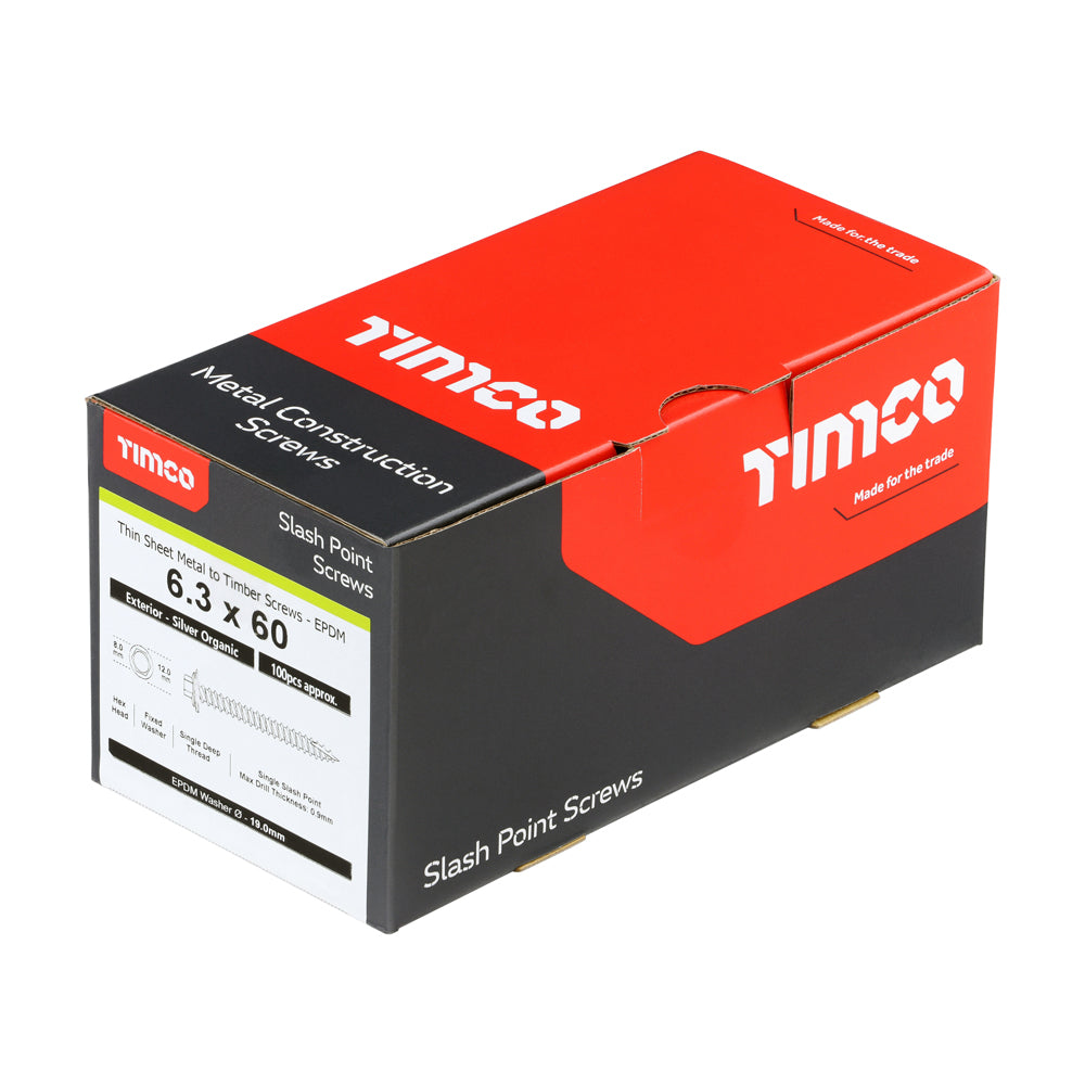 TIMCO Slash Point Sheet Metal to Timber Screws Exterior Silver with EPDM Washer - 6.3 x 60 - Image