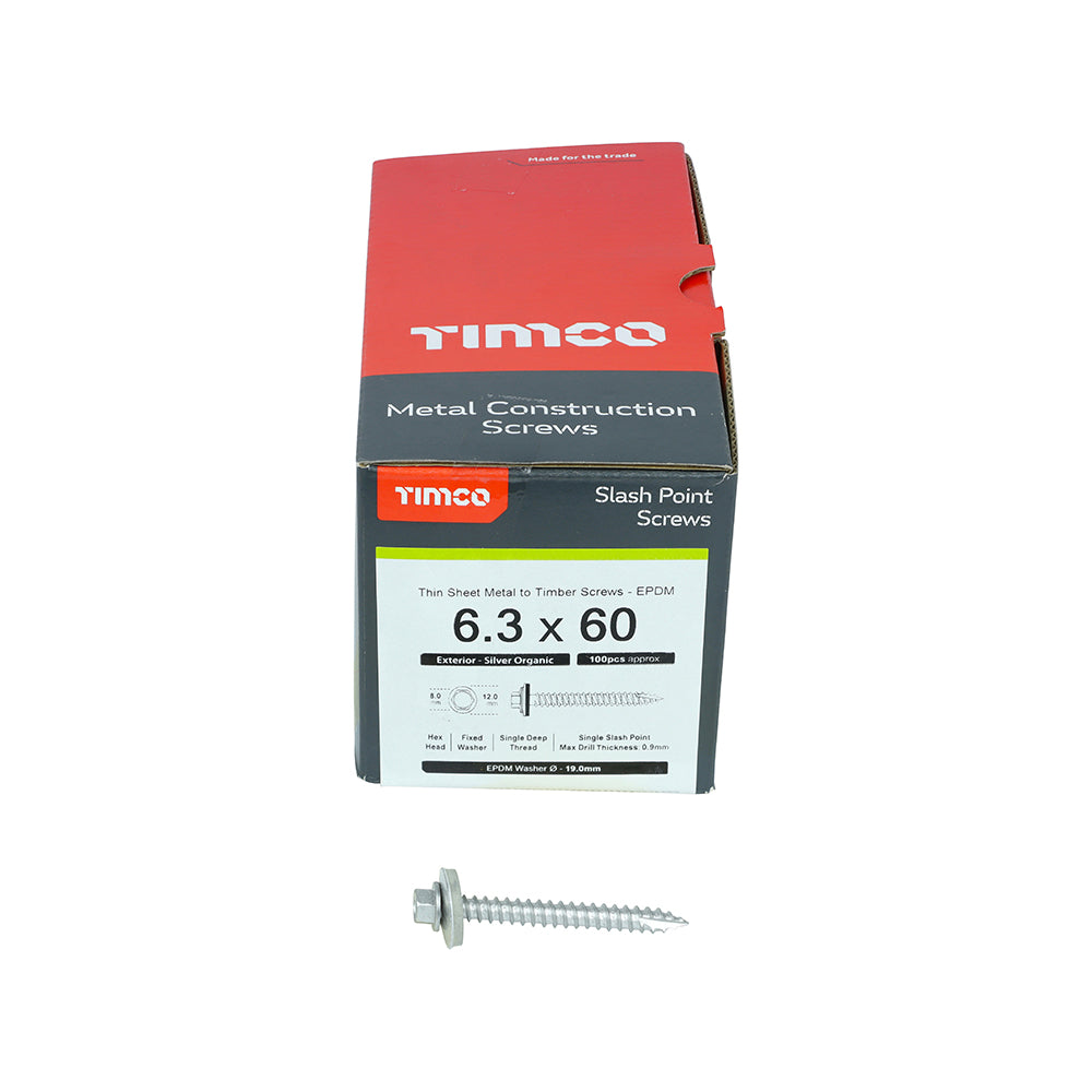 TIMCO Slash Point Sheet Metal to Timber Screws Exterior Silver with EPDM Washer - 6.3 x 60 - Image
