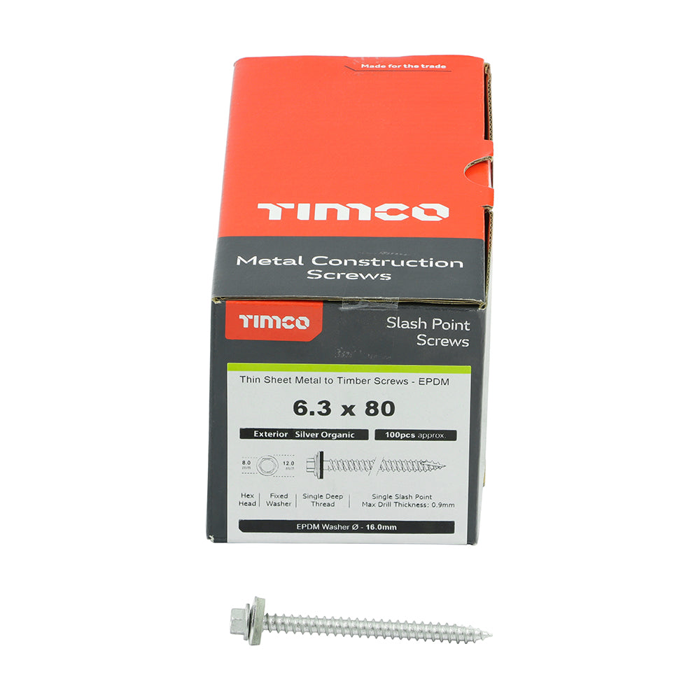 TIMCO Slash Point Sheet Metal to Timber Screws Exterior Silver with EPDM Washer - 6.3 x 80 - Image