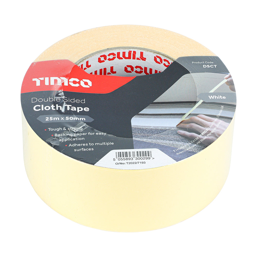 TIMCO Double Sided Cloth Tape White - 25m x 50mm - Image