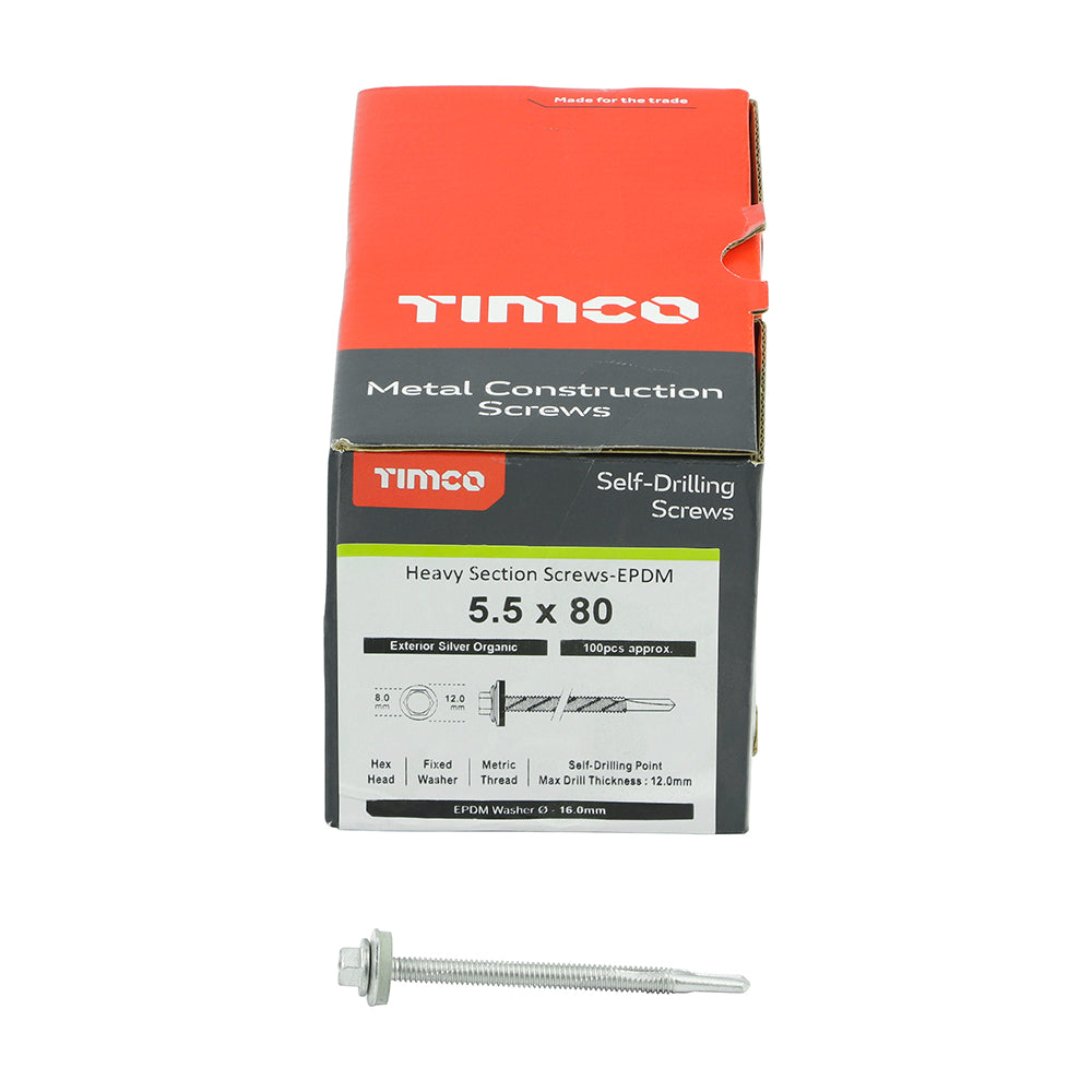 TIMCO Self-Drilling Heavy Section Screws Exterior Silver with EPDM Washer - 5.5 x 80 - Image