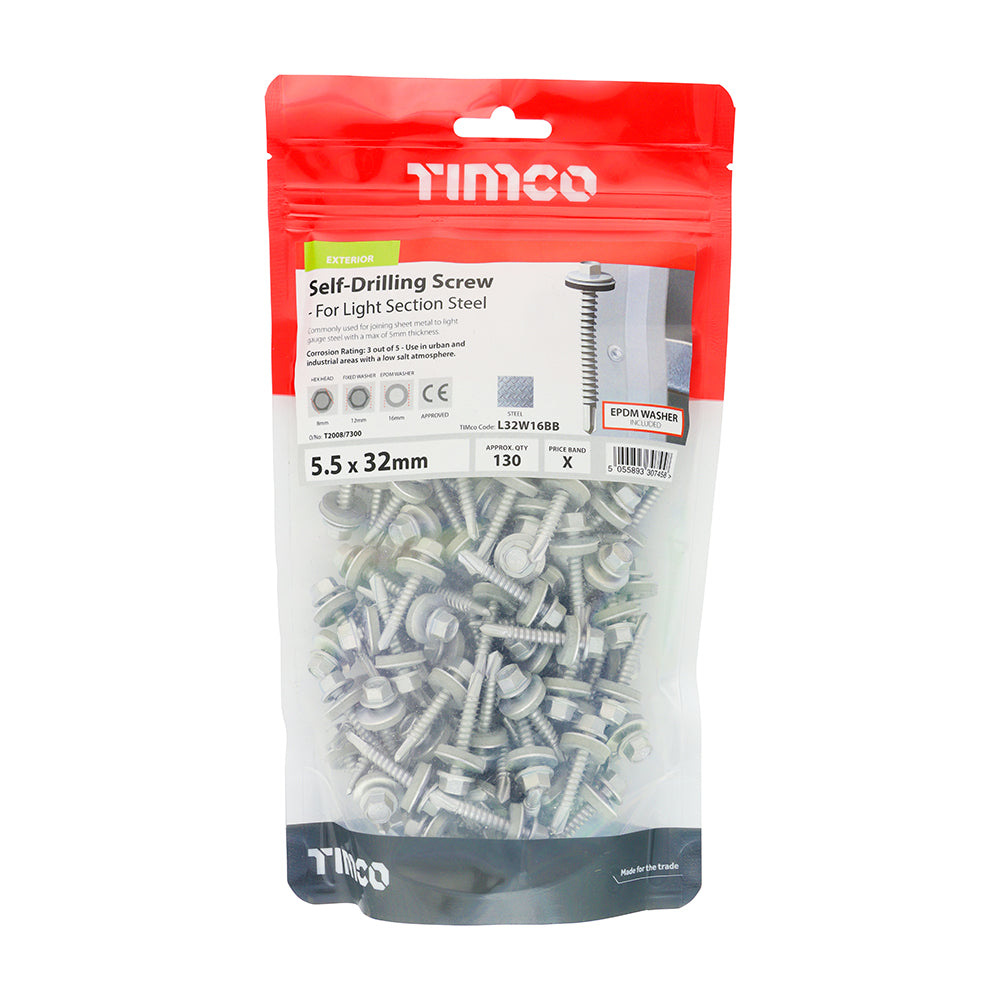 TIMCO Self-Drilling Light Section Screws Exterior Silver with EPDM Washer - 5.5 x 32 - Image