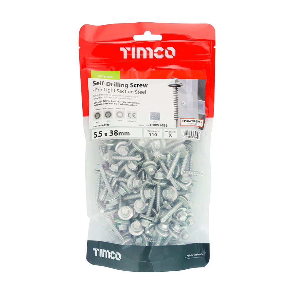 TIMCO Self-Drilling Light Section Screws Exterior Silver with EPDM Washer - 5.5 x 38 - Image