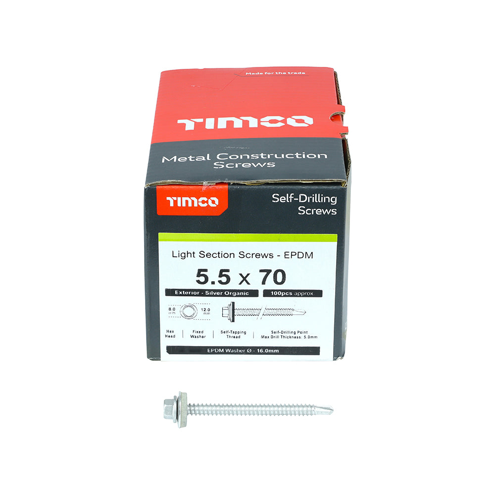 TIMCO Self-Drilling Light Section Screws Exterior Silver with EPDM Washer - 5.5 x 70 - Image