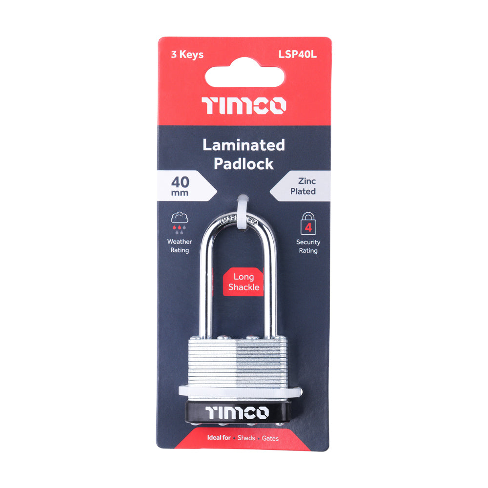 TIMCO Laminated Padlock - Long Shackle - 40mm - Image