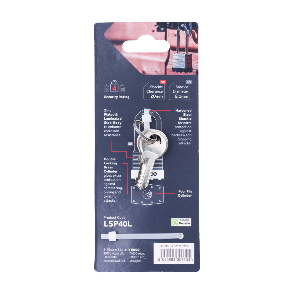 TIMCO Laminated Padlock - Long Shackle - 40mm - Image