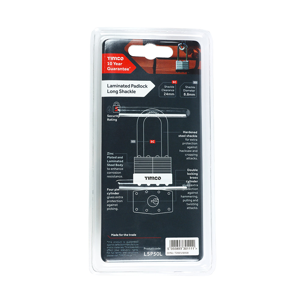 TIMCO Laminated Padlock - Long Shackle - 50mm - Image