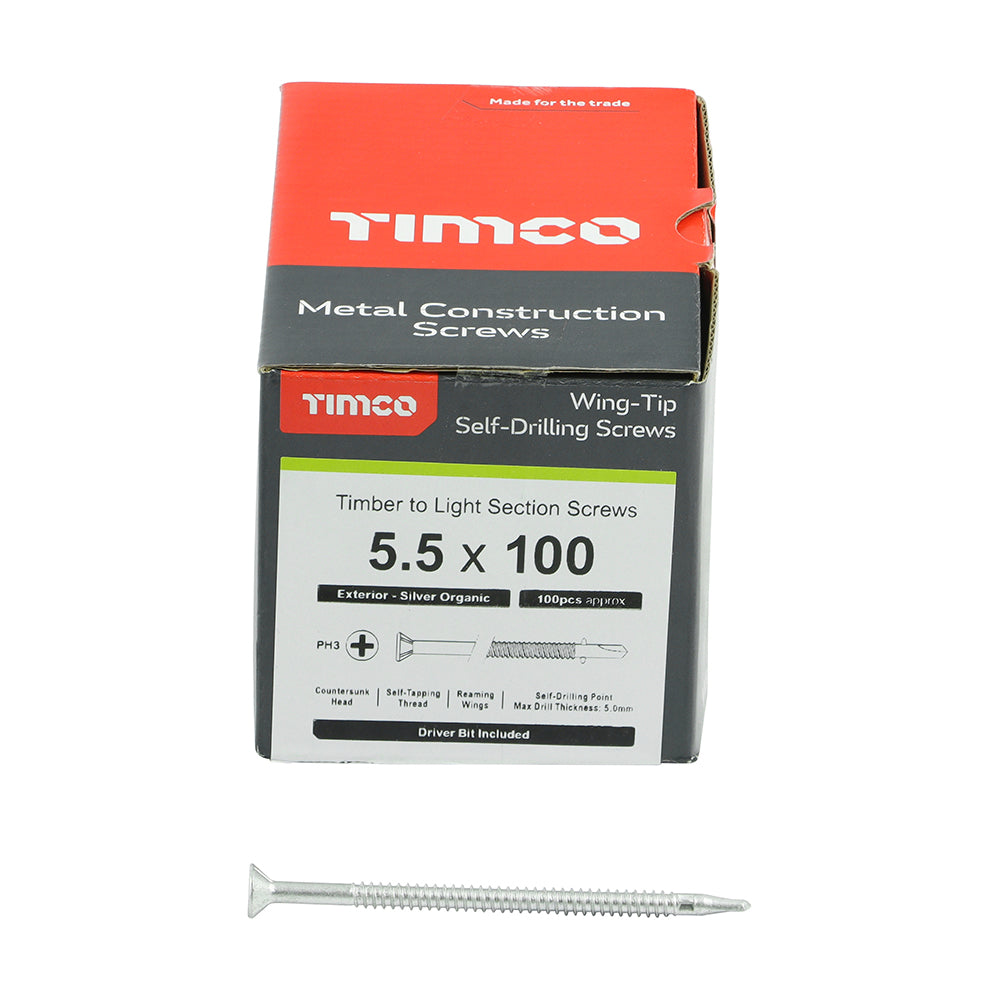 TIMCO Self-Drilling Wing-Tip Steel to Timber Light Section Exterior Silver Screws - 5.5 x 100 - Image
